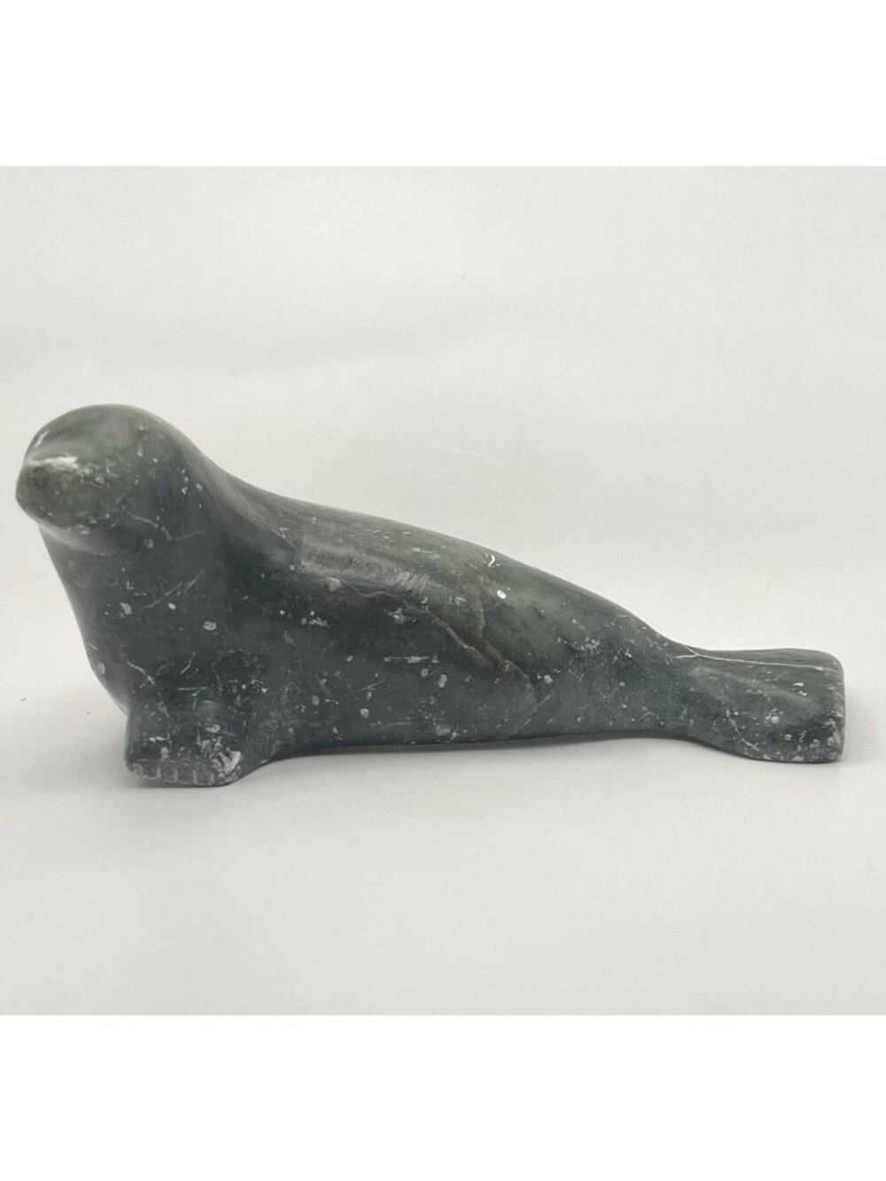 Patrick Mezzenna Inupiaq Alaska Native Soapstone Seal Carving Signed 4.5" Green